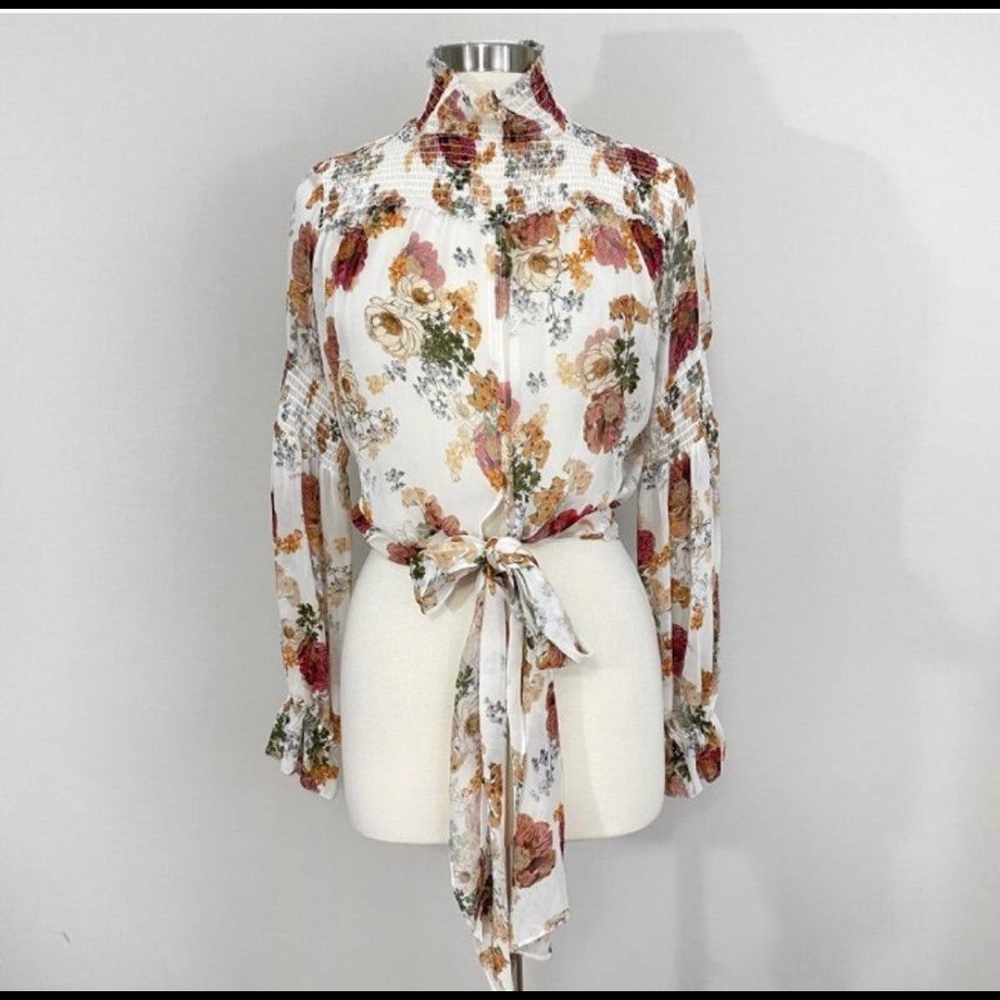 Nicholas Floral Print Silk Smocked Neck Long Sleeve Sheer Peasant Blouse